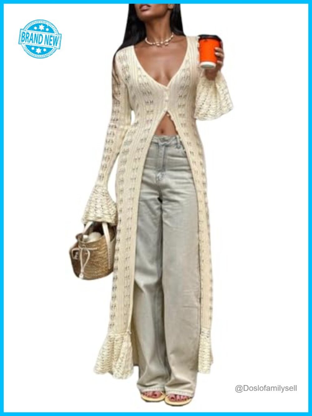Crochet Knit Long Cardigan Button Down Bell Sleeve Boho Maxi Duster